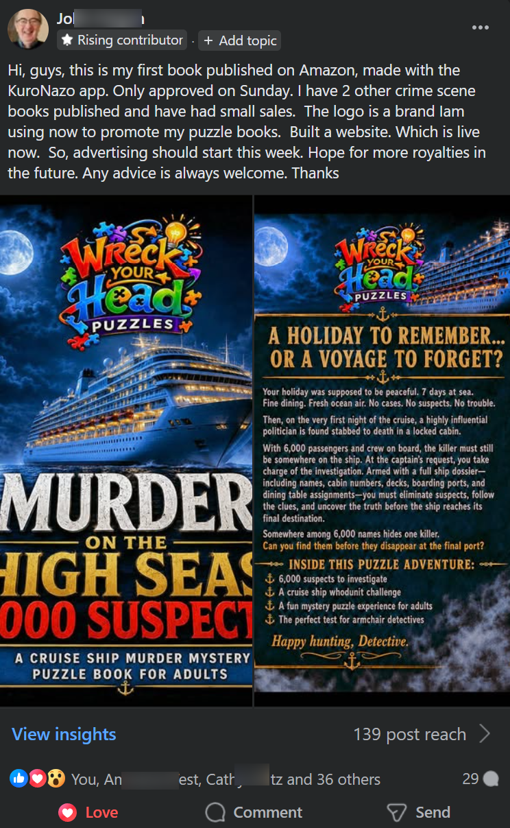 Shigai Royalty Review — member testimonial first Amazon crime puzzle book