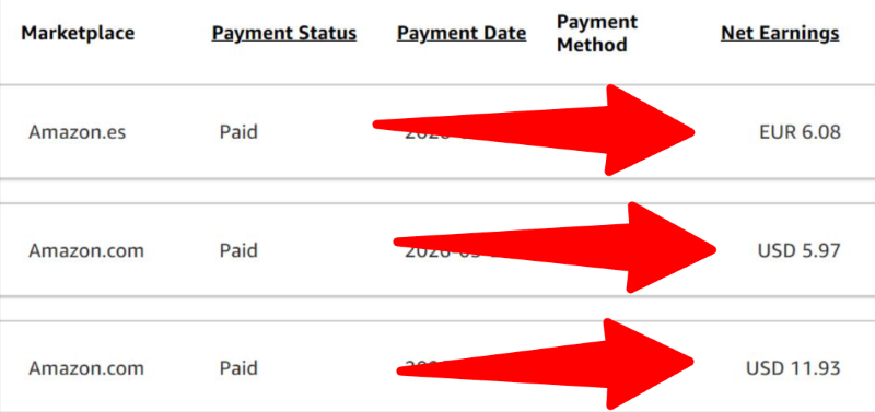 Vendor-supplied income proof from past members — Amazon KDP royalty payments (details redacted)