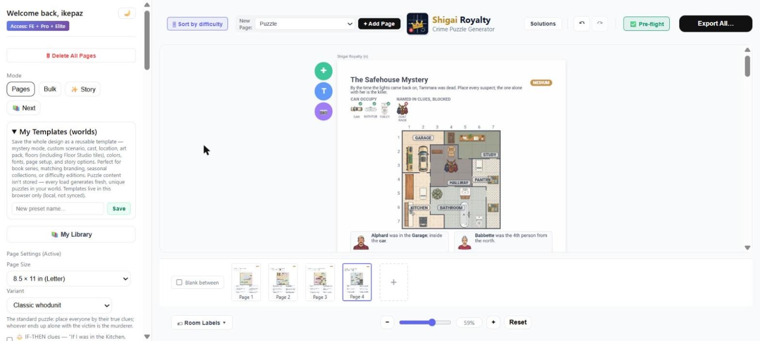 Shigai Royalty full app showing a multi-page book